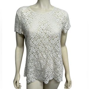 Talbots Floral Lace White Short Sleeve Top See Through Shirt Blouse
